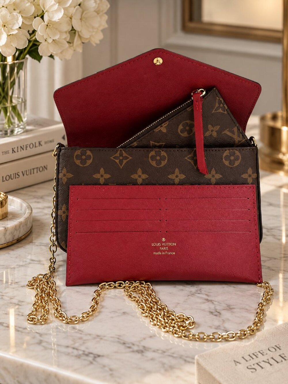 Monogram Print Wallet on Chain Brown Red Crossbody Clutch Bag